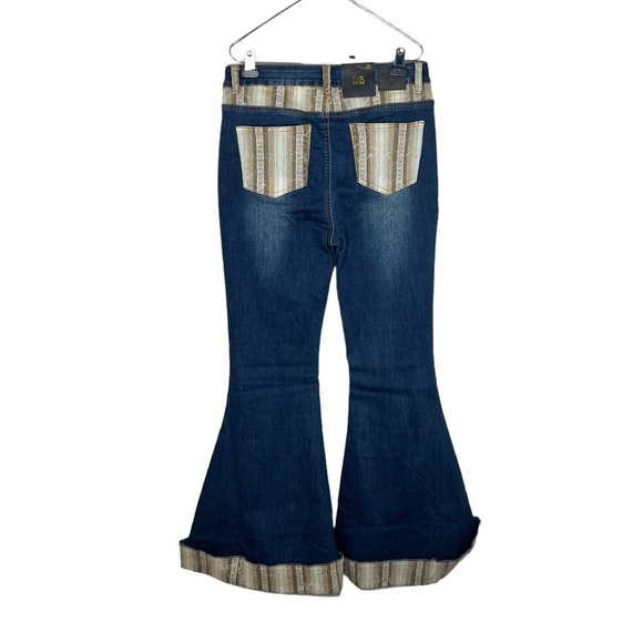 Lucky & Blessed Women’s Brown Aztec Print Cuffed Dark Wash Denim Flare Jeans - Picture 6 of 12